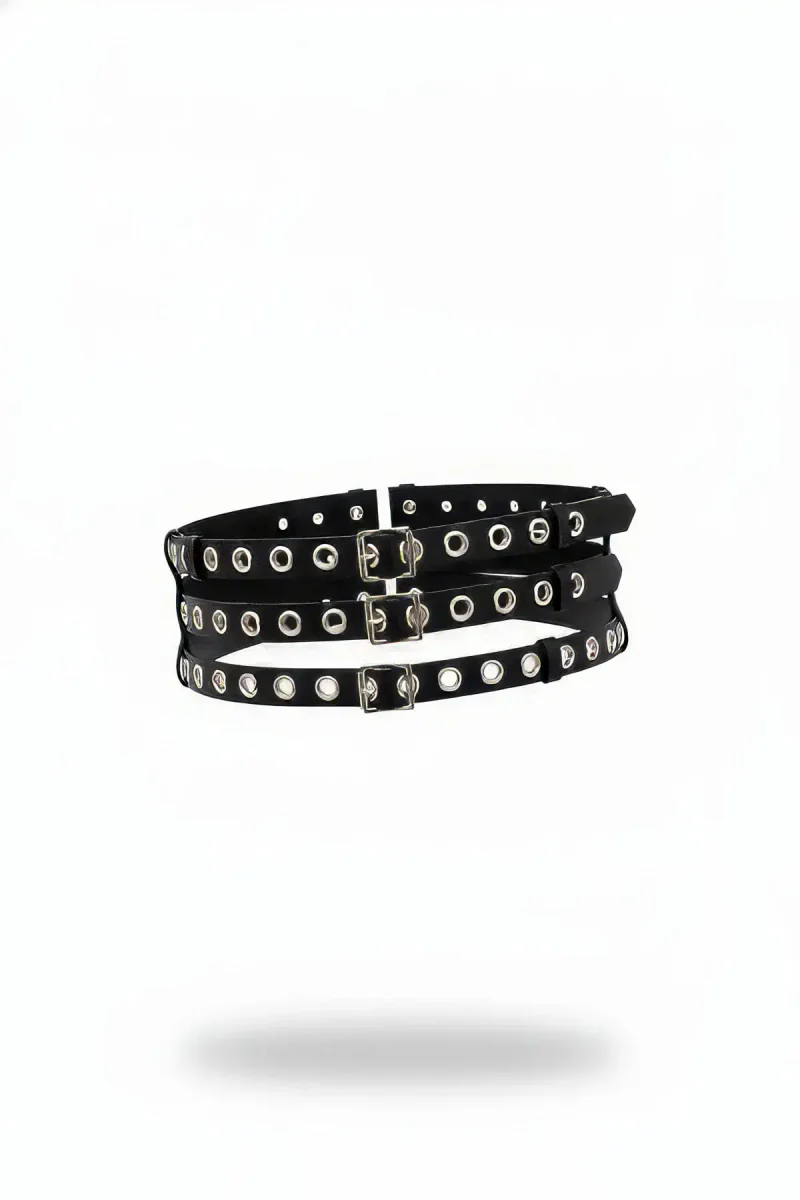 Black Faux Leather Triple-Strap Eyelet Waist Harness with Silver Buckles
