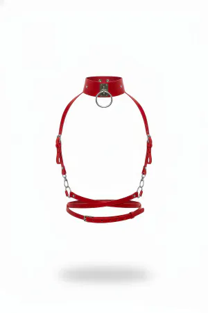 Red Faux Leather Body Harness with O-Ring Choker and Chains