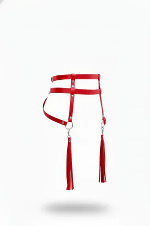 Red Faux Leather Waist Harness with Detachable Tassels Silver Hardware