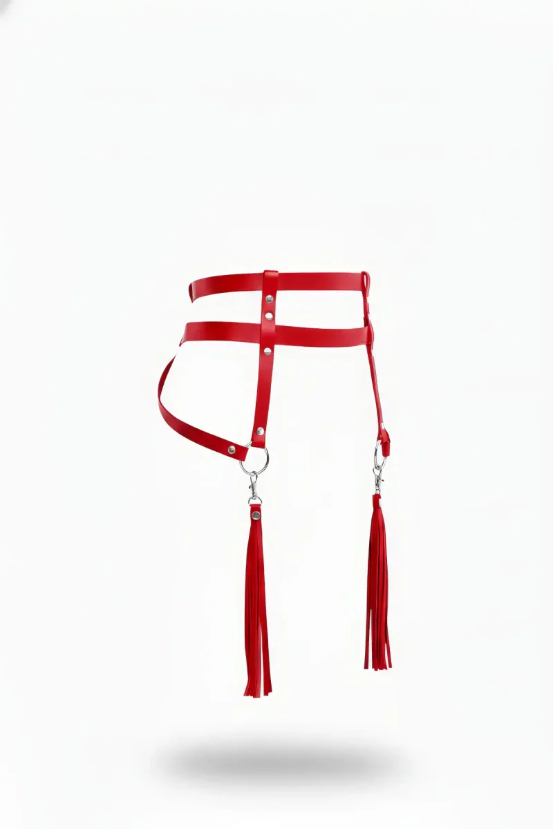 Red Faux Leather Waist Harness with Detachable Tassels Silver Hardware