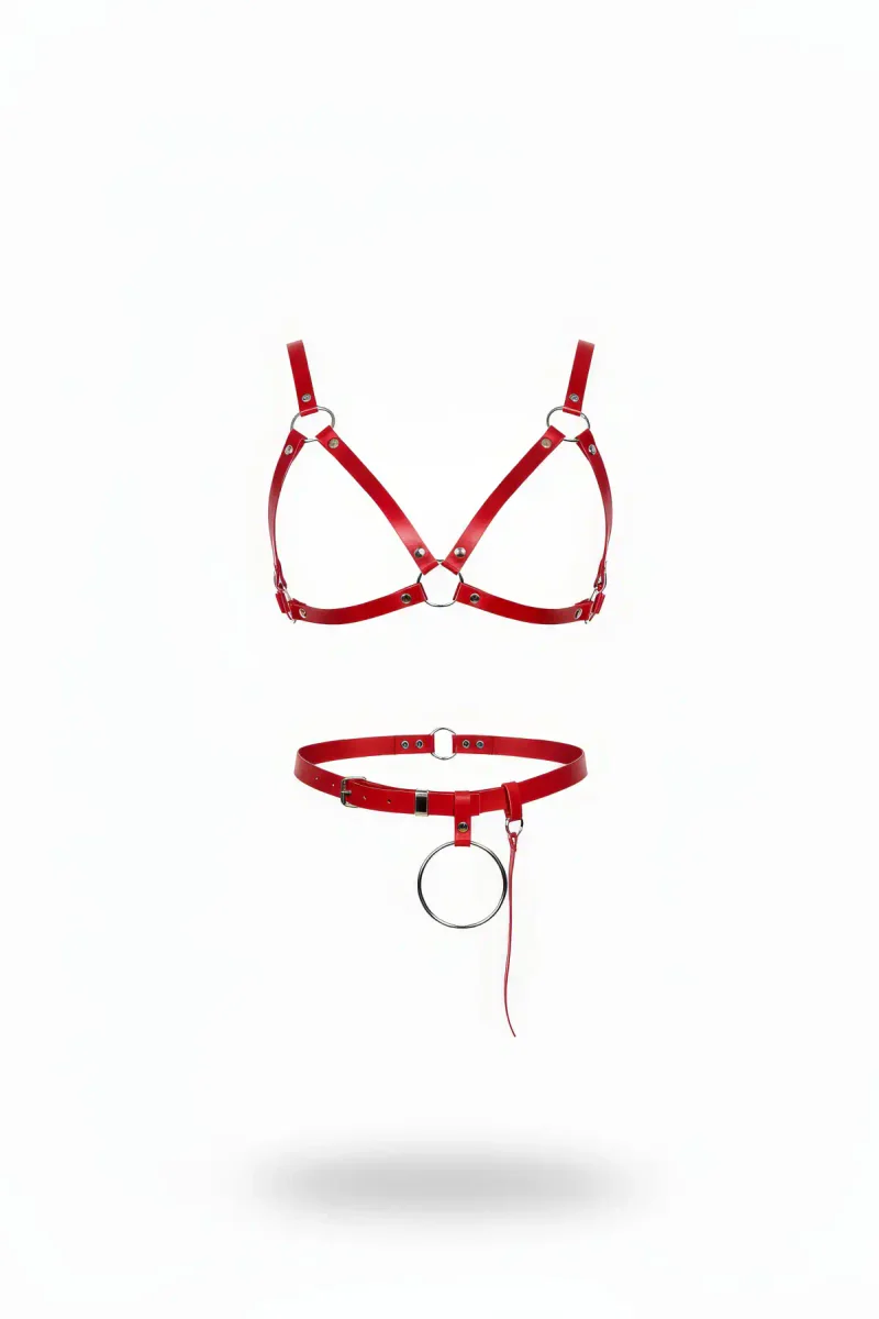 Kırmızı suni deri kadın vücut harness, metal halka detaylı bel kemeri ile birlikte