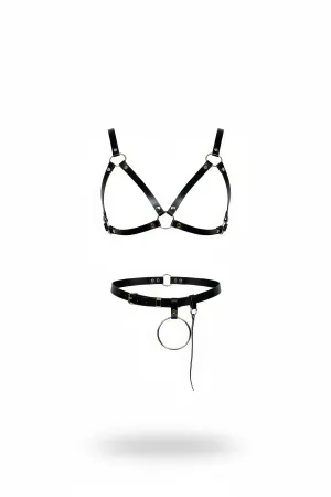 Black Faux Leather Harness Bra and Waist Belt Set with O-Ring Detail