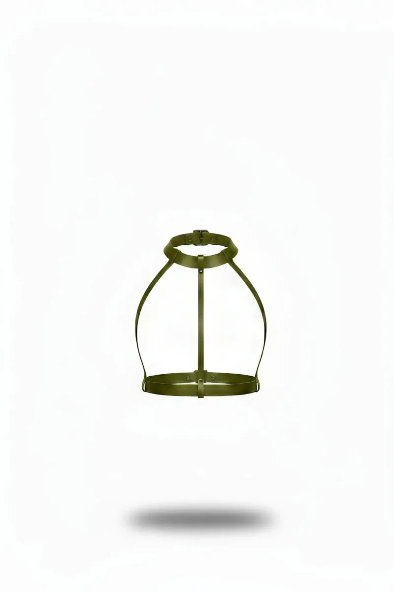 Khaki Faux Leather Chest Harness with Choker Detail Adjustable Straps