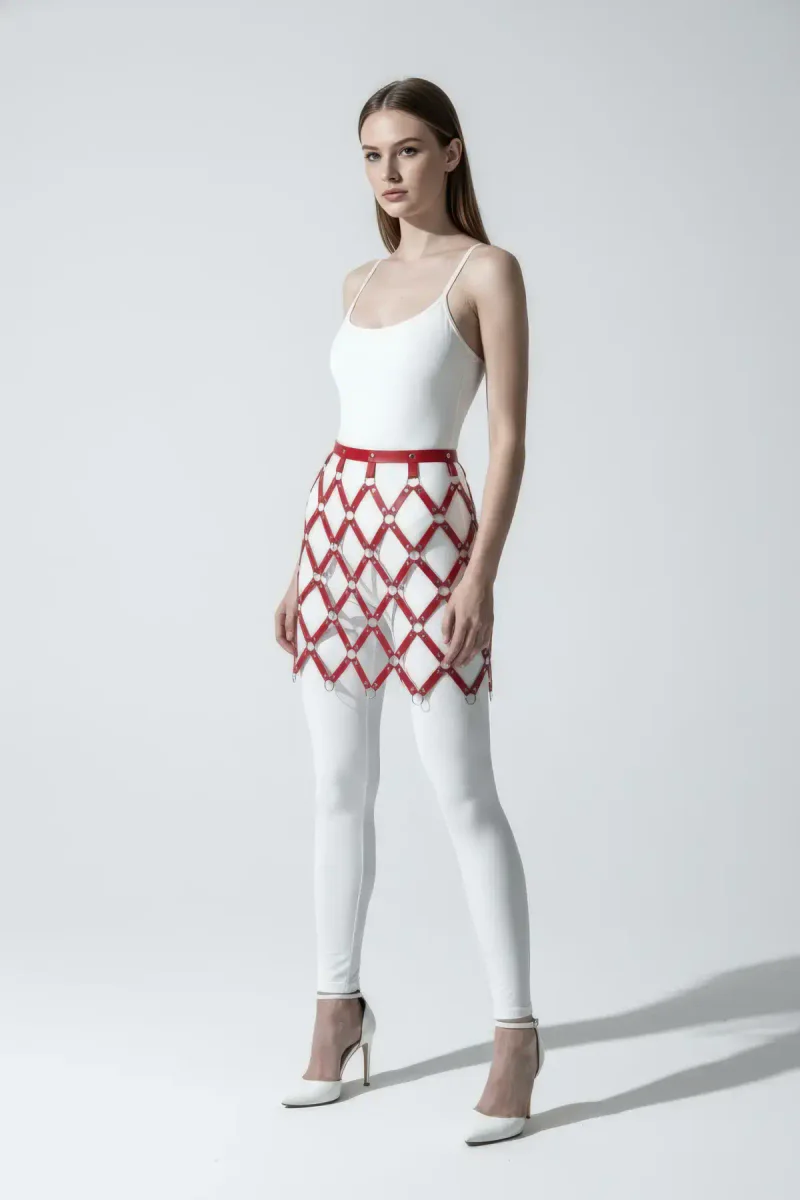 Red diamond grid faux leather skirt harness on a model