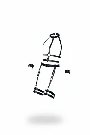 Black Faux Leather Full Body Harness Set with High Neck, Thigh Garters, and Wrist Cuffs