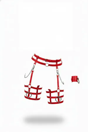 Red Faux Leather Waist Thigh Harness Set with Detachable Chains and Matching Wrist Cuff