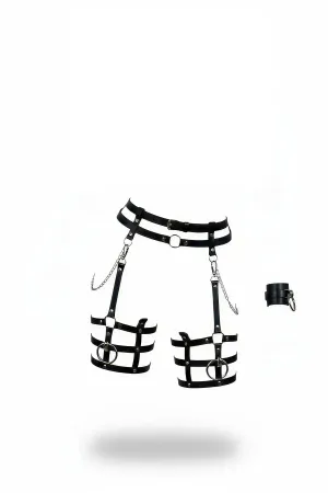 Black Faux Leather Double Waist Garter Harness with Detachable Thigh Bands and Silver O-Rings
