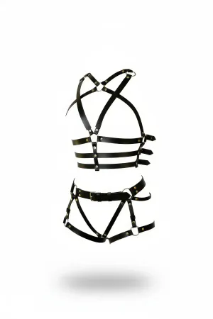Black Faux Leather Full Body Harness Set with Cage Bra and Garter Belt