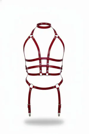Bordo Faux Leather Harness Takım Boyunluklu Jartiyerli Kadın Vücut Aksesuarı