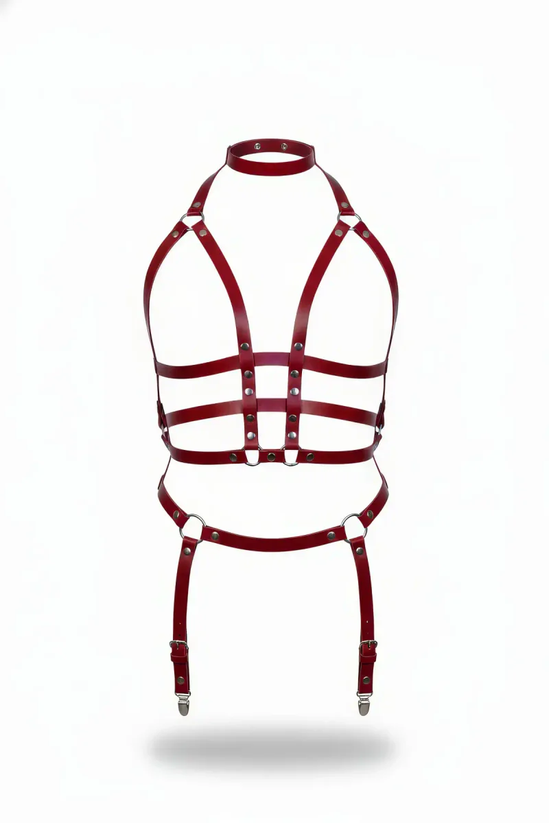 Bordo Faux Leather Harness Takım Boyunluklu Jartiyerli Kadın Vücut Aksesuarı