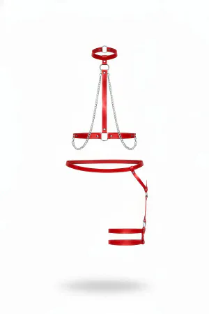Red Faux Leather Body Harness Set with Silver Chains and Thigh Straps