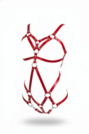 Kırmızı Suni Deri Çoklu Şeritli Gövde Harness Metal Halka Detaylı