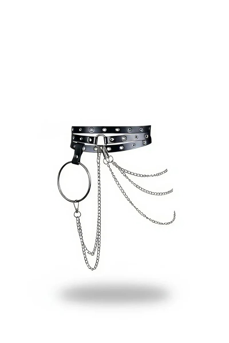 Black Faux Leather Studded Waist Harness with O-Ring and Cascading Chains