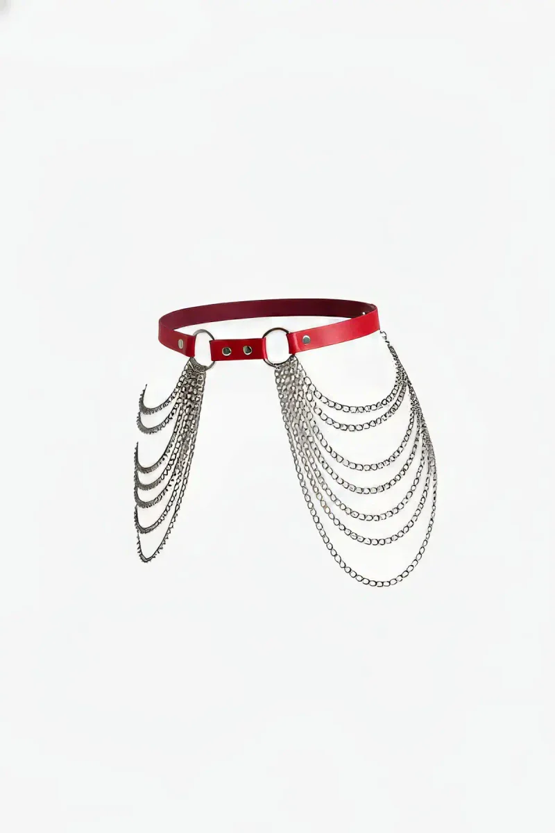 Red Faux Leather Waist Harness with Cascading Silver Chains