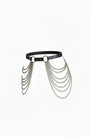 Black Faux Leather Waist Harness Cascading Silver Chains Accessory