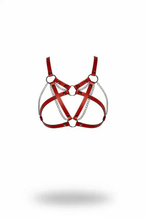 Kırmızı yapay deri göğüs harness aksesuarı gümüş renkli zincir detaylı