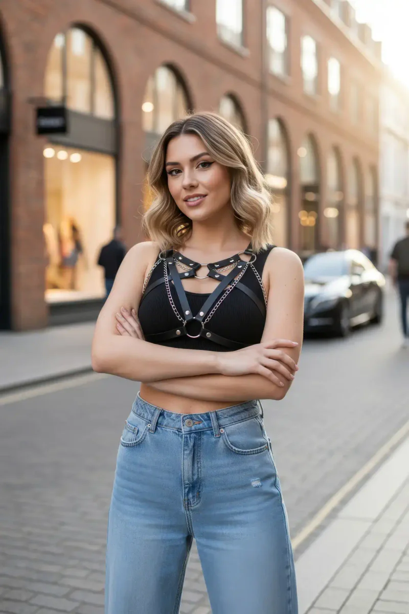 Black Caged Harness Bra on a smiling