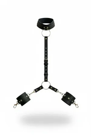 Black faux leather collar and wrist cuffs body harness set