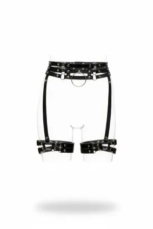 Black Faux Leather Garter Harness Studded Waist O-Ring Double Thigh Bands