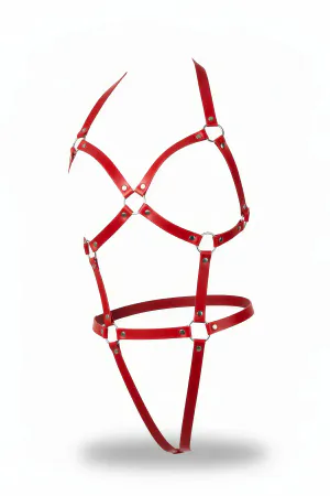 Kırmızı Faux Leather Body Harness Kadın Metal Halka Detaylı Ayarlanabilir Bantlar