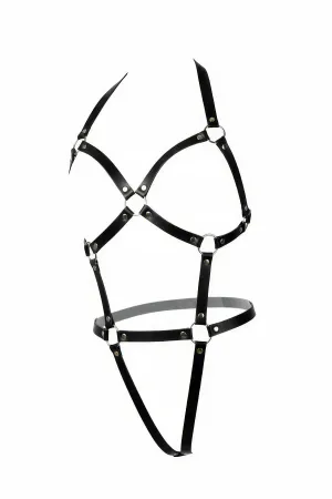 Siyah Suni Deri Vücut Harness Çapraz Askılı Metal Halka Detaylı