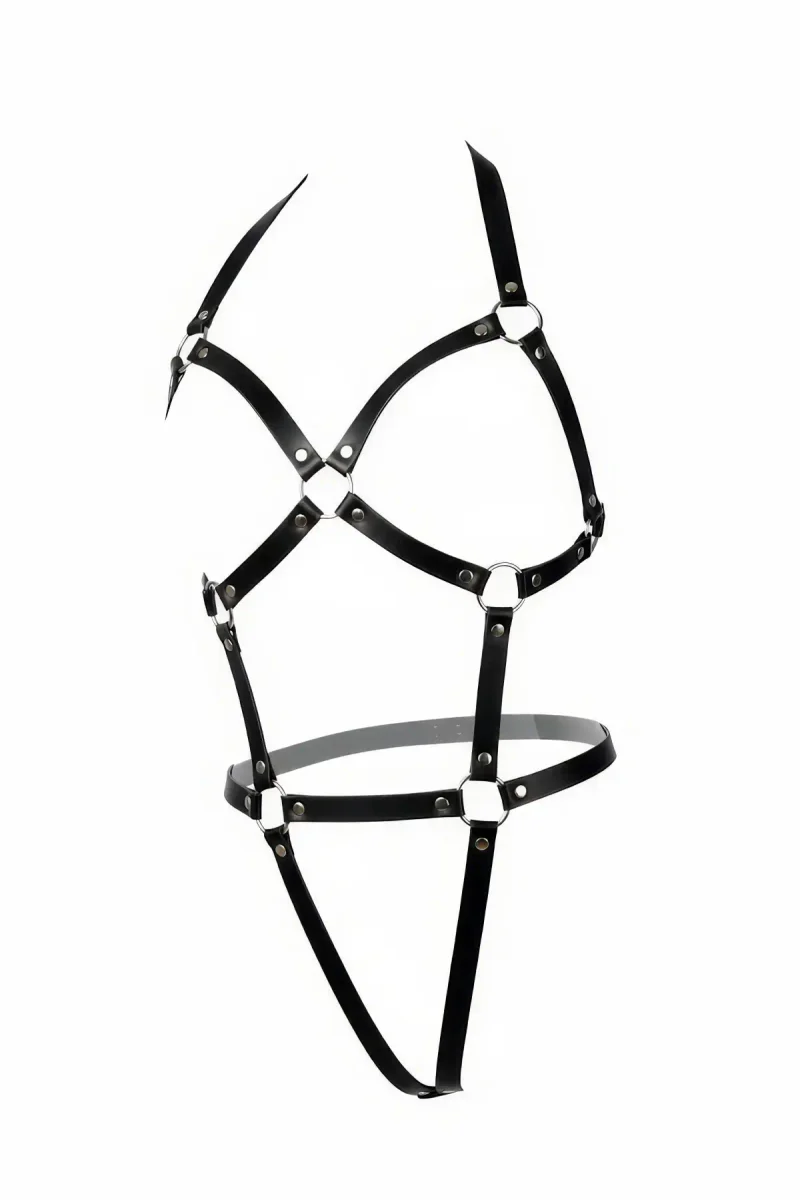 Siyah Suni Deri Vücut Harness Çapraz Askılı Metal Halka Detaylı