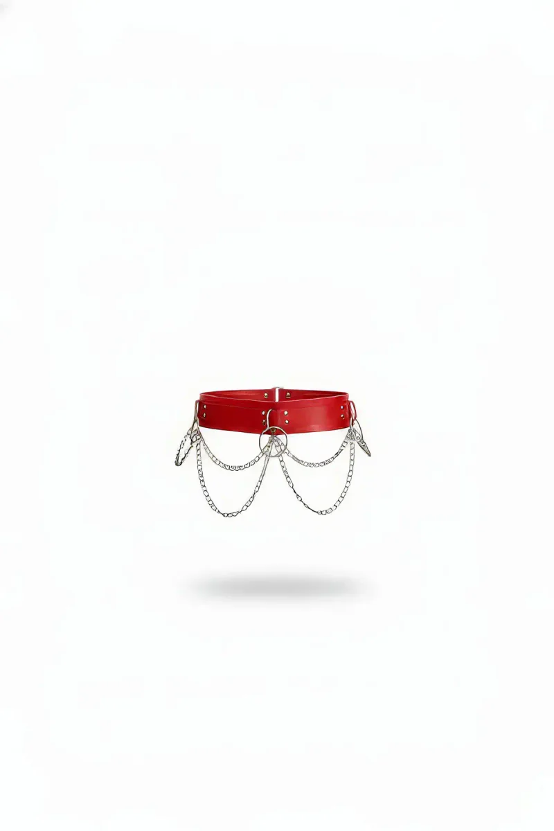 Red Faux Leather Waist Belt with Silver O-Ring and Detachable Chains