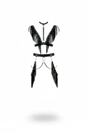 Black Fringed Faux Leather Full Body Harness Choker Neckline