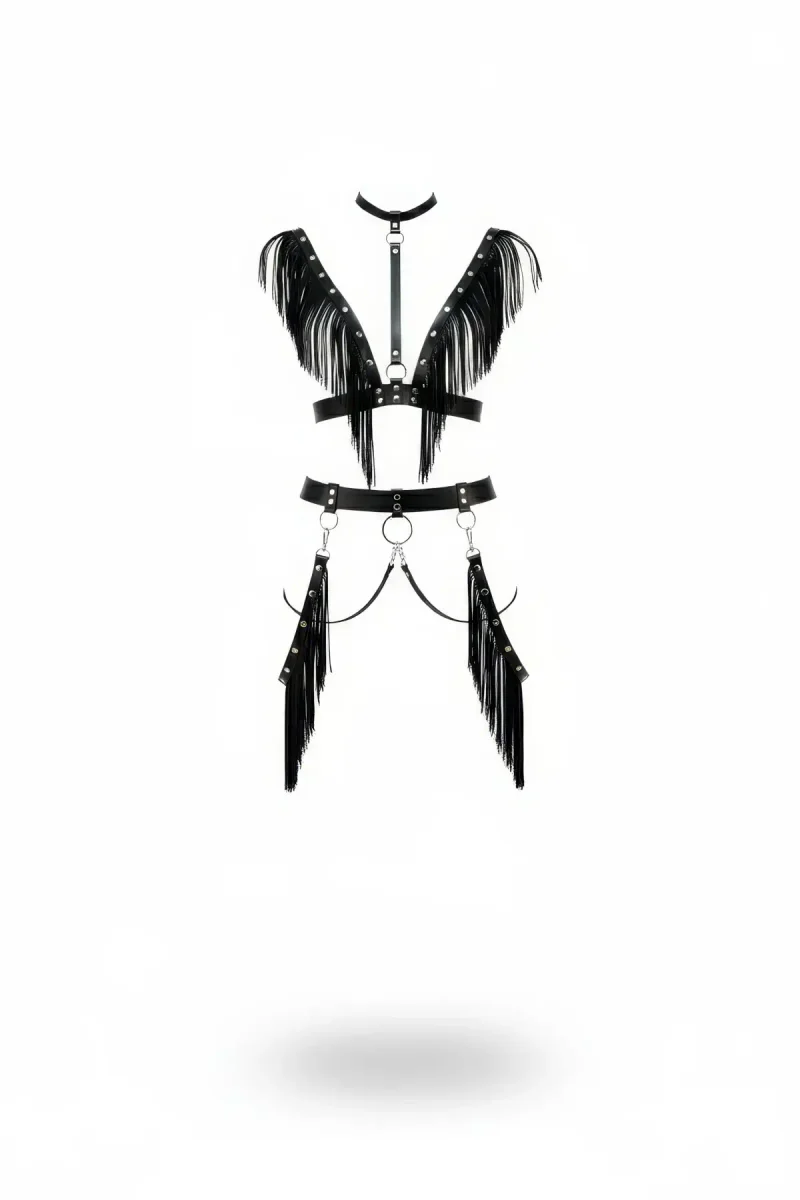 Black Fringed Faux Leather Full Body Harness Choker Neckline