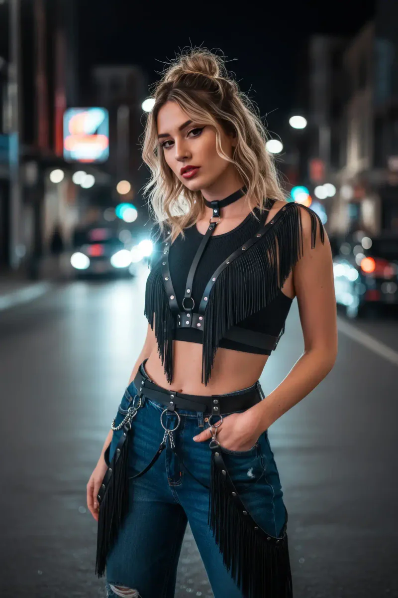 Black fringe harness outfit with detachable chain belt