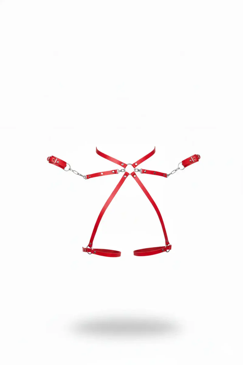 Kırmızı Faux Leather Vücut Harness Zincirli Tasarım Ayarlanabilir Tasmalar
