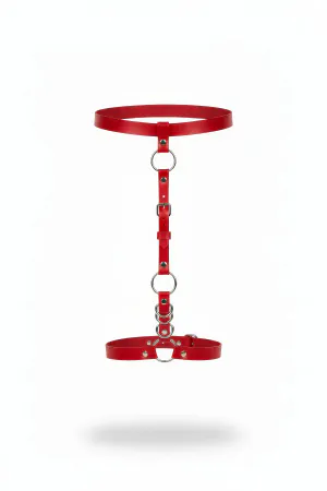 Red Faux Leather Single Leg Garter Harness with Silver O-Rings and Buckle Closures