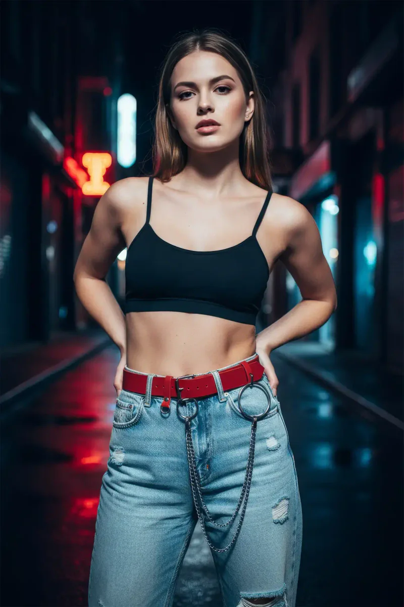 Red Vegan Leather Waist Belt Front