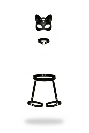 Black Faux Leather Cat Mask Choker Leg Harness Set with Studs
