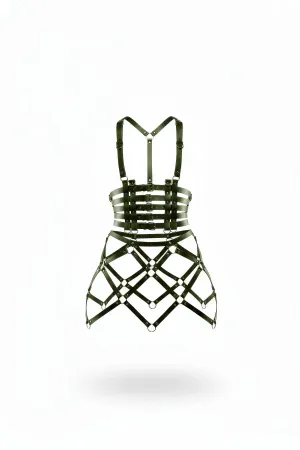 Black Faux Leather Cage Skirt Harness Geometric O-Ring Design