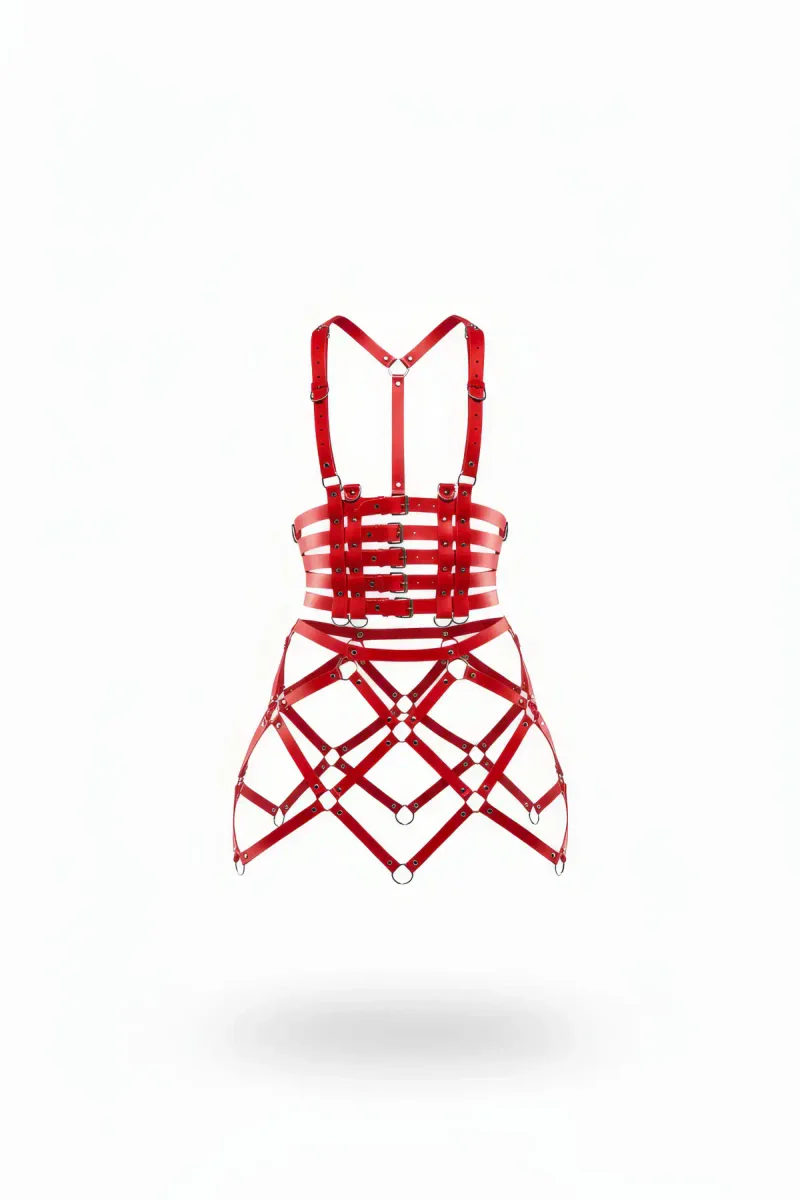 Red faux leather bustier and cage skirt harness set