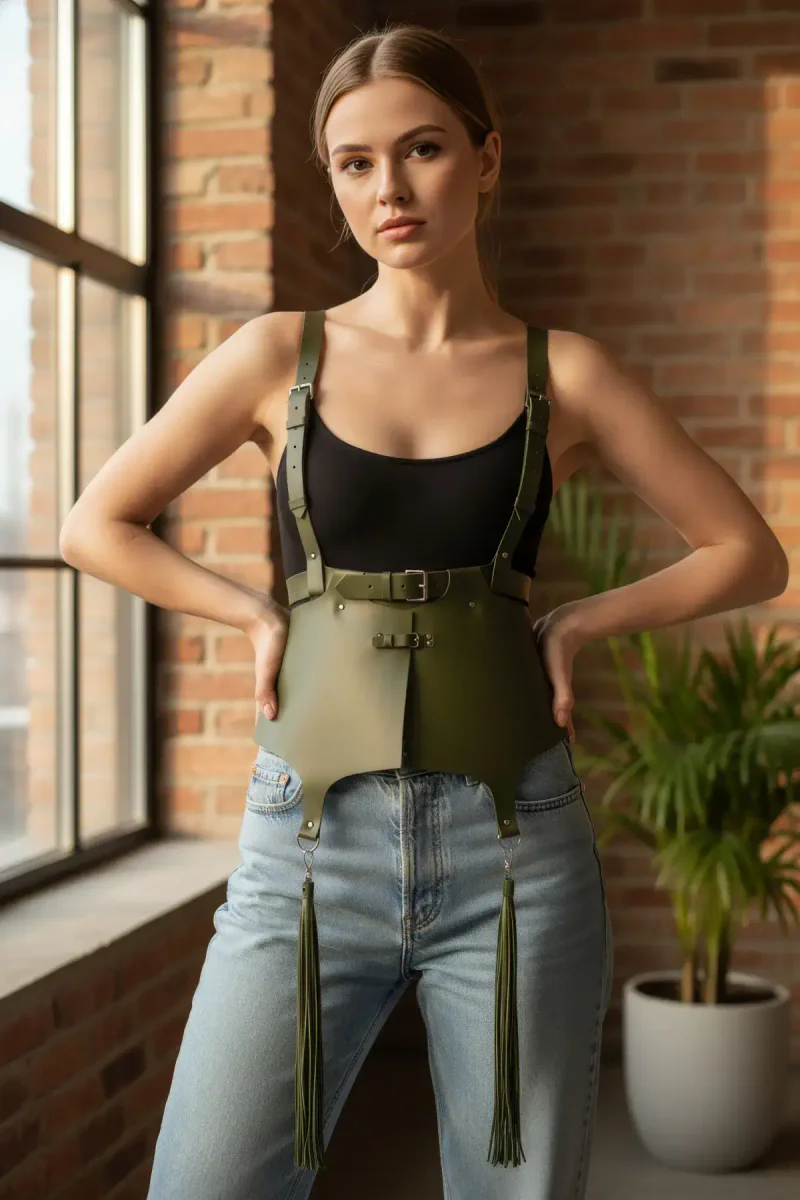 Olive Green Peplum Harness Front View with