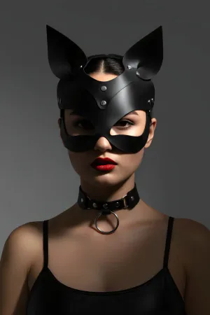 Black Faux Leather Cat Mask Women Adjustable with Choker