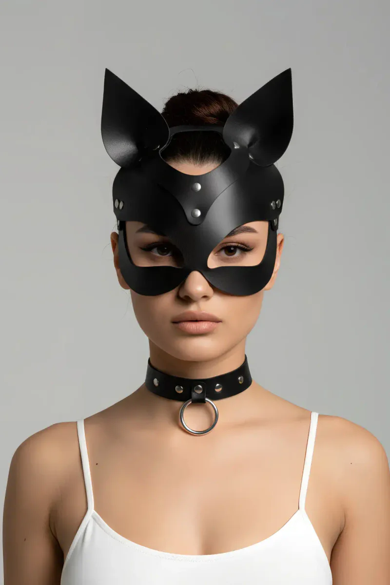 Faux Leather Cat Mask with O-Ring Choker - 7