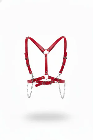 Red Faux Leather Chest Harness Adjustable O-Ring Straps Detachable Silver Chains