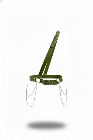 Olive Vegan Leather Asymmetric Shoulder Harness with Detachable Chains, front view