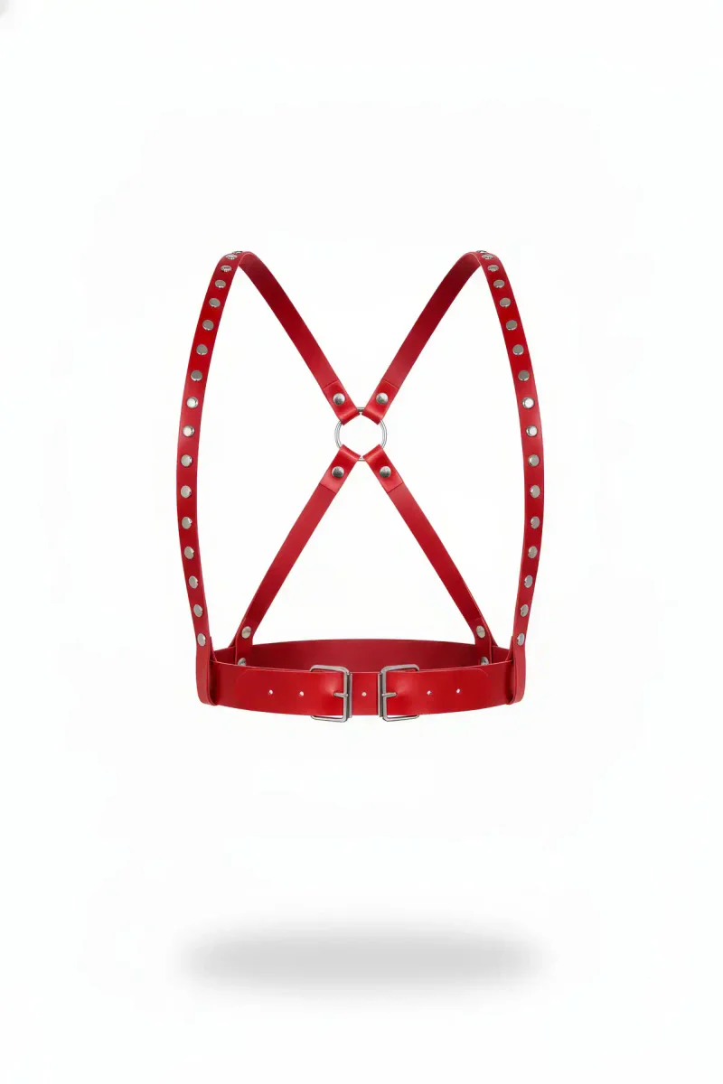 Red Faux Leather Studded Chest Harness with Double Buckles