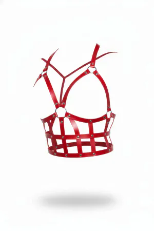 Red Faux Leather Cage Body Harness Top Studded with Silver Rivets
