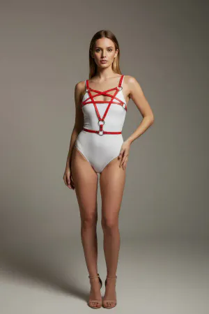 Red Faux Leather Cross-Strap Body Harness Lingerie with Silver O-Rings