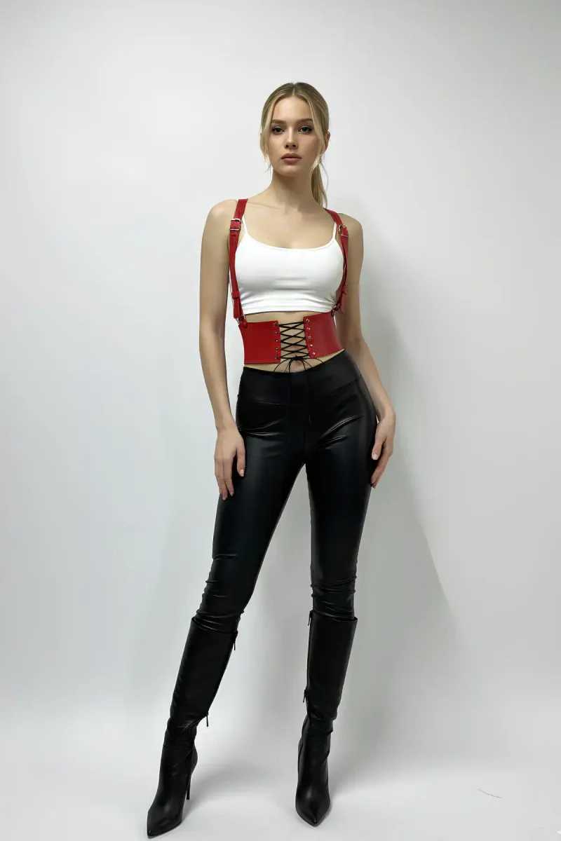 Vegan Leather Corset Harness Red Detail with
