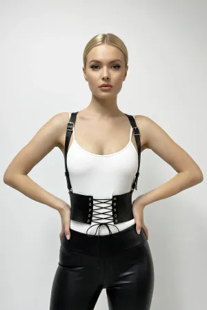 Black Faux Leather Corset Waist Harness Women Lace-Up Front Adjustable Straps