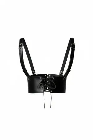 Black Faux Leather Underbust Cincher Harness Front Lacing Detail