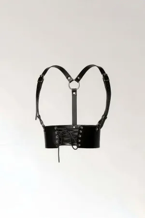 Black Faux Leather Corset Waist Harness Women O-Ring Details