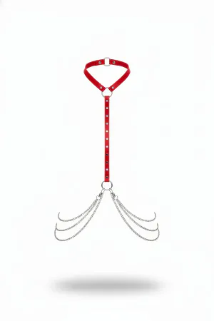 Red Faux Leather Choker Harness Women Cascading Silver Chains Front View