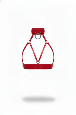 Red Faux Leather Chest Harness Women O-Ring Choker Detail